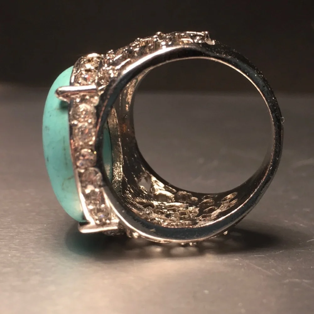 BLING RING-Turquoise/rhinestone/silver tone filagree, prong set, size 8 NWOT - Picture 10 of 12